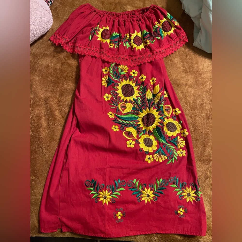 🌻 Sunflower Campesina Embroidered Dress ❤️